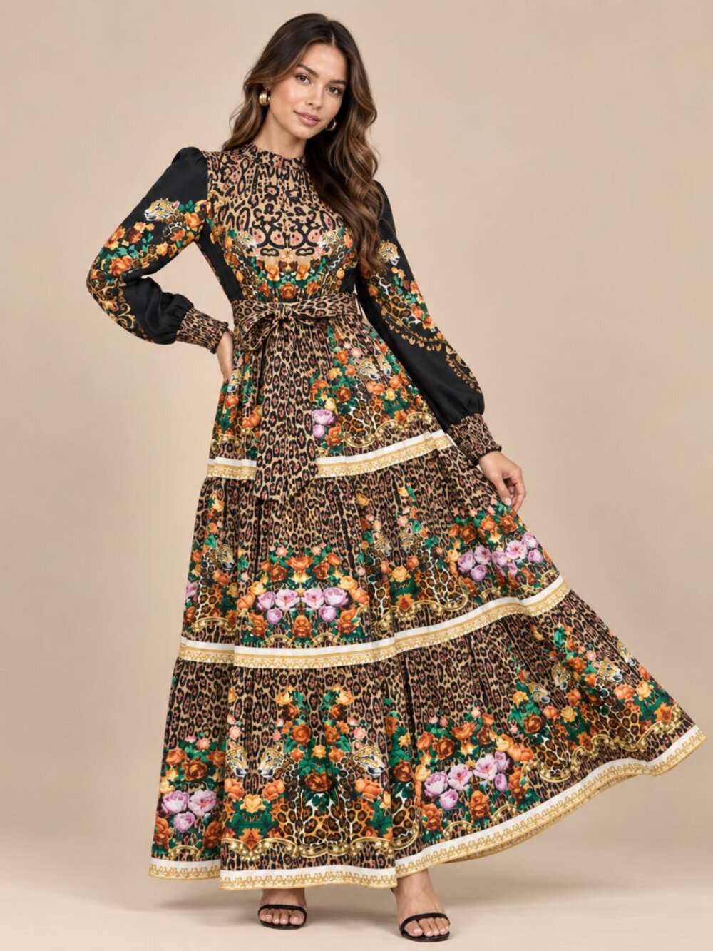 160- Multicolor Boho Leopard Floral Long Sleeve Tiered Maxi Dress